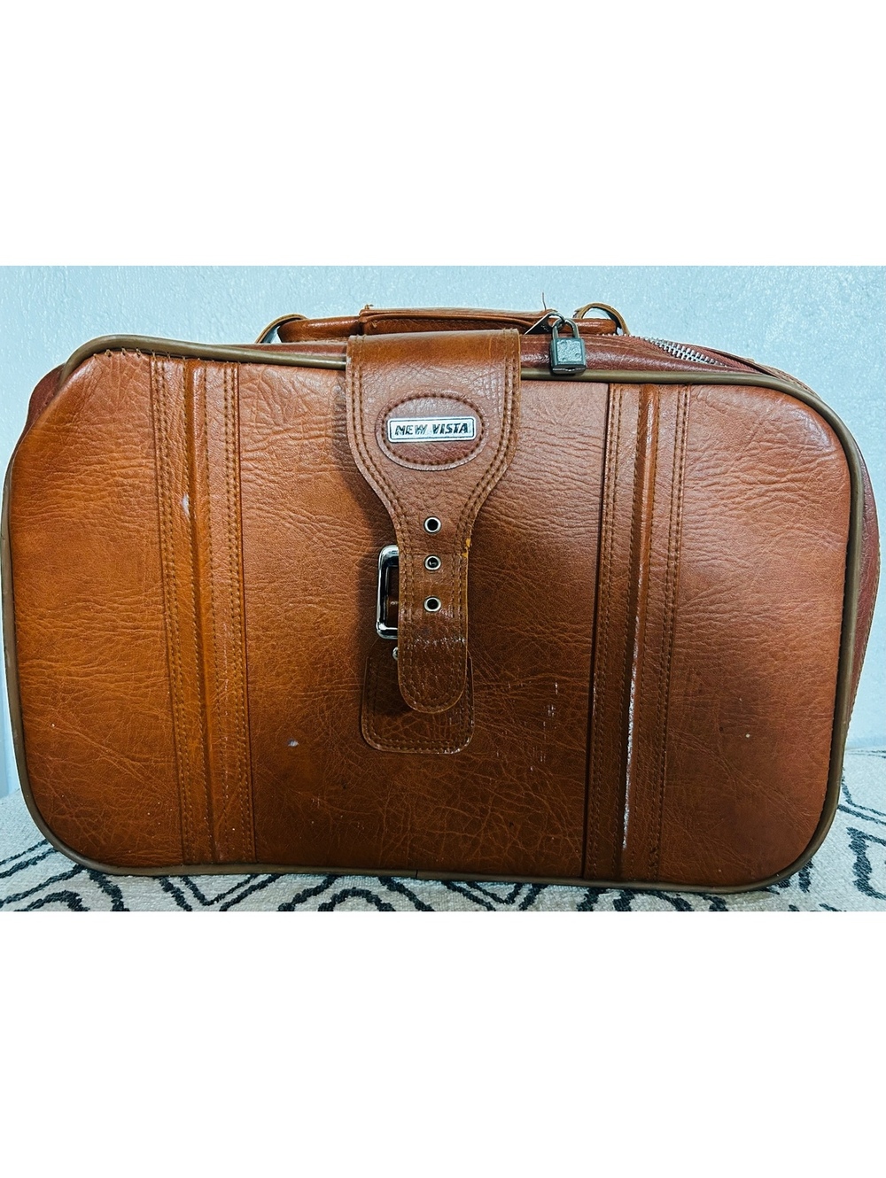 Vintage 1970s New Vista Brown Faux Leather Suitcase Luggage